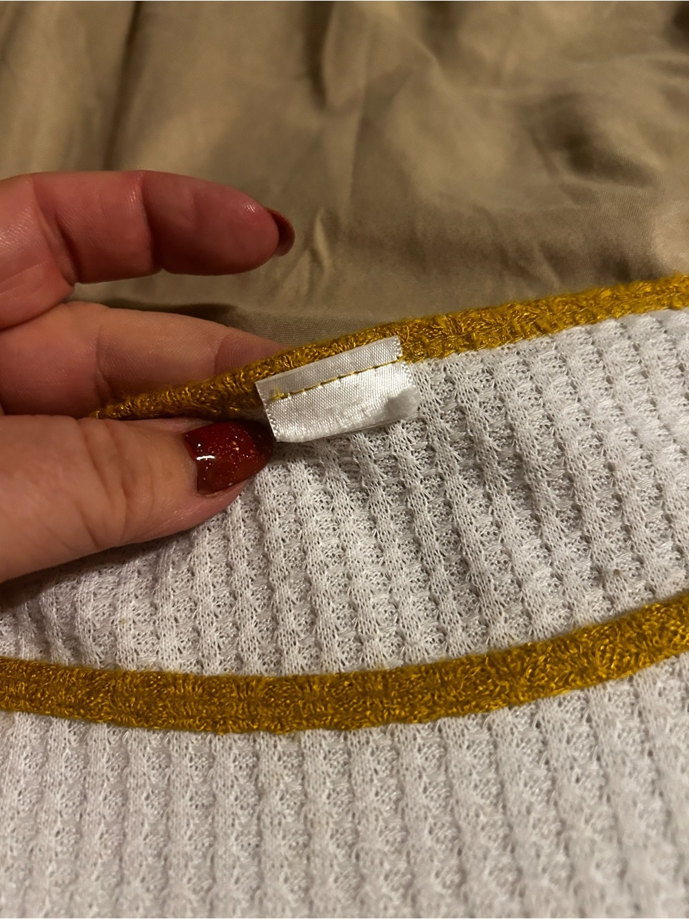 Source Unknown White and Mustard Colorblock Waffle Knit Top with Leopard Pocket - Picture 3 of 5